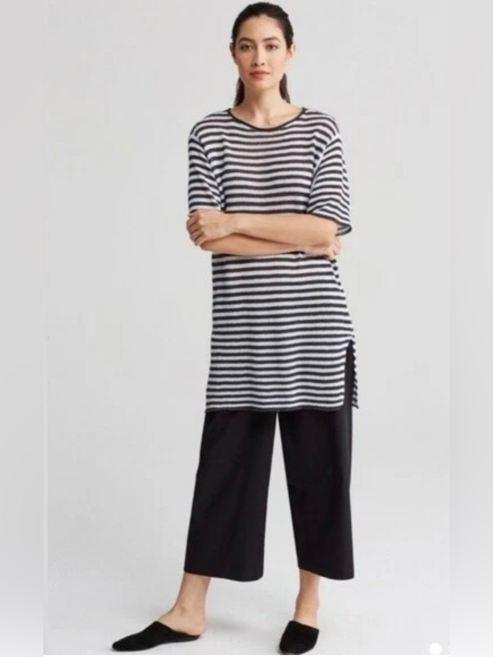 Eileen Fisher Organic Linen Round Neck Striped Tunic Sweater Size Medium